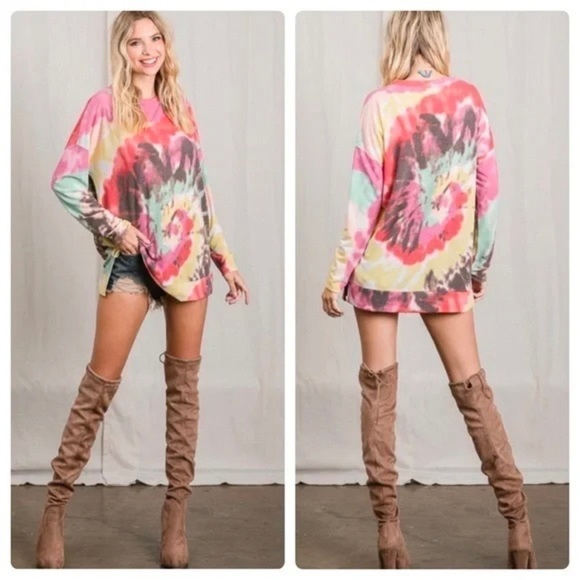 New!! French Terry Spiral Tie-Dye Print Long Sleeve Top with Round Neckline - Picture 9 of 10